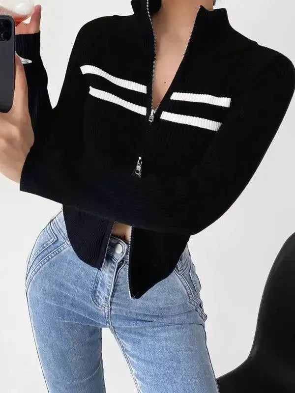 Women’s Zip Mock-Neck Cardigan Sweater – Striped Knit