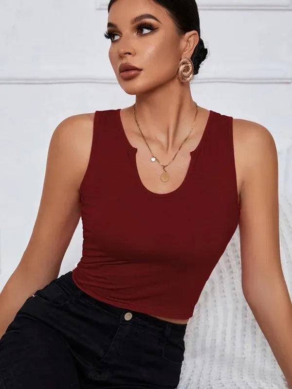 Y-Neckline Knit Tank Top - Women Tops - LeStyleParfait