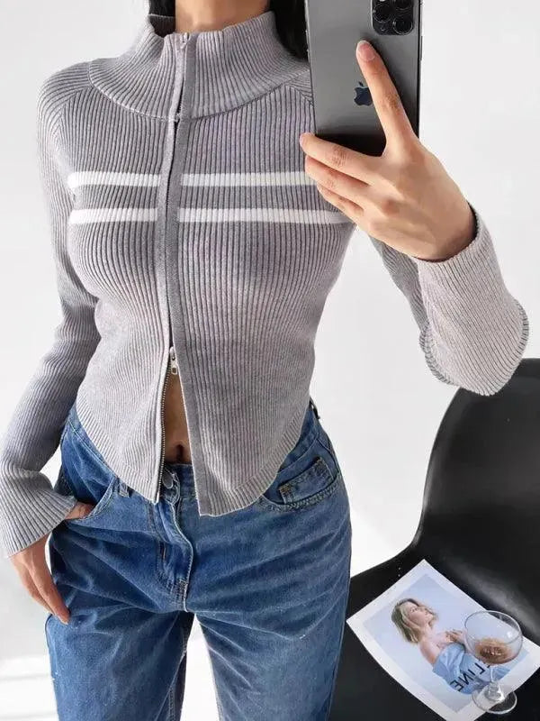 Zipper Striped Cardigan Sweater - Cardigan Sweater - LeStyleParfait