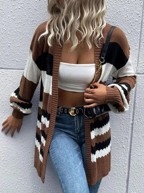 LeStyleParfait Women's Sweaters Casual Cardigan Spliced Round Neck Long Sleeves-Cardigan Sweater