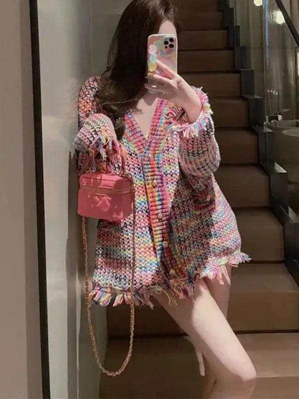 Lazy Knit Cardigan Over Fringed Sweater - Cardigan Sweater - LeStyleParfait