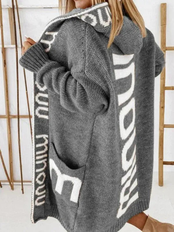 Long Hooded Letter Print Women Cardigan - Cardigan Sweater - LeStyleParfait