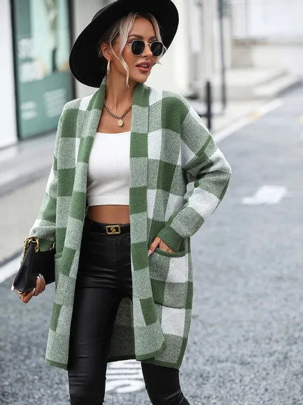 Loose Plaid Color Block Knit Cardigan Sweater - Cardigan Sweater - LeStyleParfait