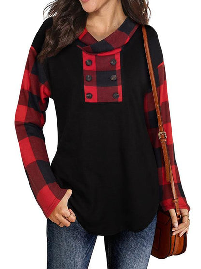 New Stitching Long-sleeved Printed Plaid Hooded Sweater T-shirt for Women - - LeStyleParfait