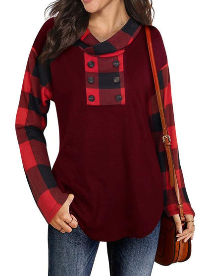 New Stitching Long-sleeved Printed Plaid Hooded Sweater T-shirt for Women - - LeStyleParfait