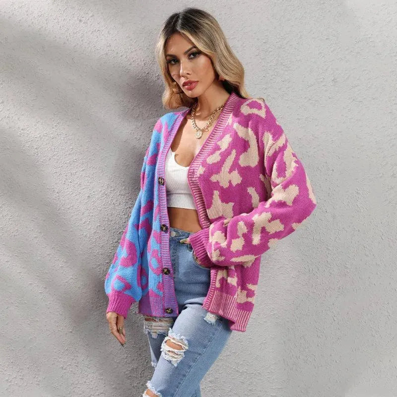 LeStyleParfait Women's Sweaters Casual Cardigan Patchwork V-Neck Long Sleeves-Cardigan Sweater