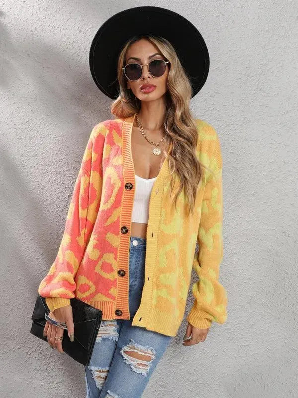 LeStyleParfait Women's Sweaters Casual Cardigan Patchwork V-Neck Long Sleeves-Cardigan Sweater