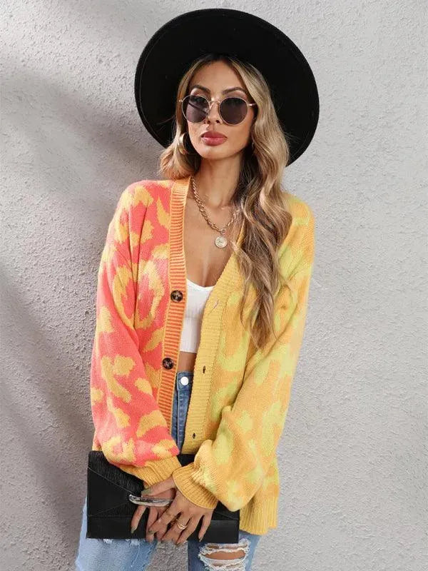 LeStyleParfait Women's Sweaters Casual Cardigan Patchwork V-Neck Long Sleeves-Cardigan Sweater