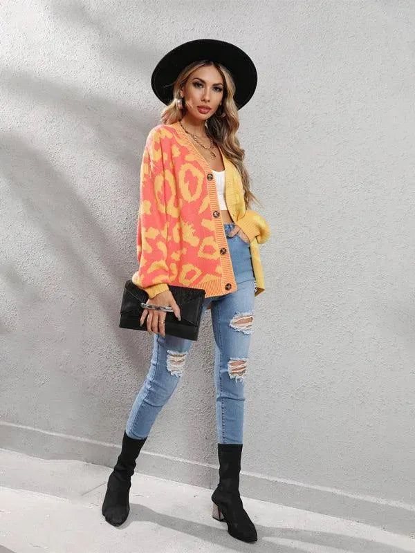 LeStyleParfait Women's Sweaters Casual Cardigan Patchwork V-Neck Long Sleeves-Cardigan Sweater