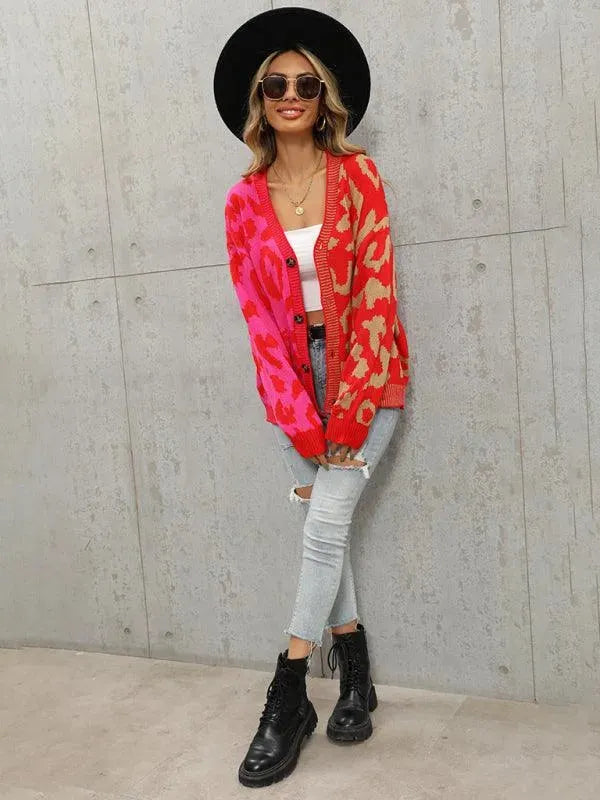 LeStyleParfait Women's Sweaters Casual Cardigan Patchwork V-Neck Long Sleeves-Cardigan Sweater