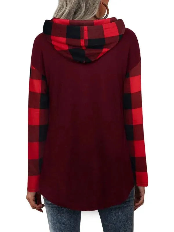 Women's Plaid Double-Breasted Hoodie - Long Sleeve Style - Plaid Hoodie - LeStyleParfait