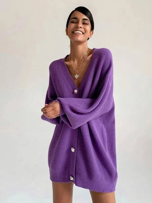 Women’s Drop Shoulder Cardigan Sweater – Relaxed V-Neck Fit