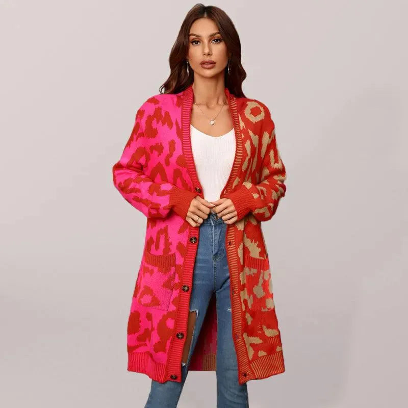 Women’s Leopard Knit Cardigan Sweater – V-Neck Button Style