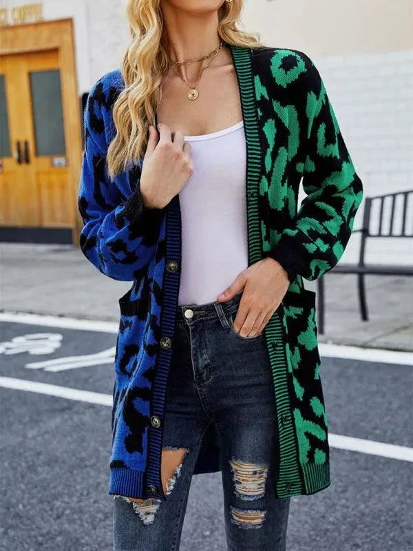Women’s Leopard Knit Cardigan Sweater – V-Neck Button Style