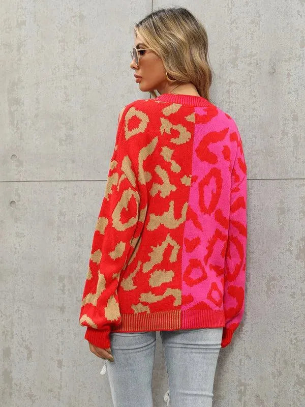 Women’s Oversized Leopard Cardigan Sweater – V-Neck Knit