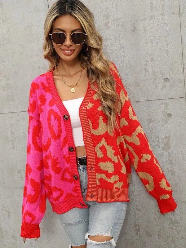 Women’s Oversized Leopard Cardigan Sweater – V-Neck Knit