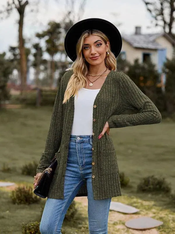 Women’s Textured Longline Cardigan Sweater – V-Neck Button Knit
