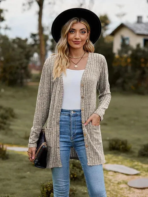 Women’s Textured Longline Cardigan Sweater – V-Neck Button Knit