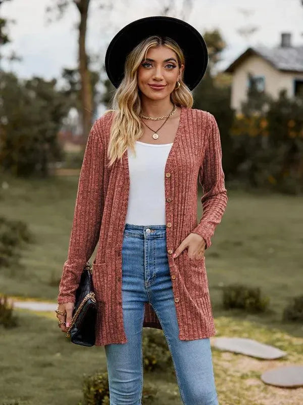 Women’s Textured Longline Cardigan Sweater – V-Neck Button Knit