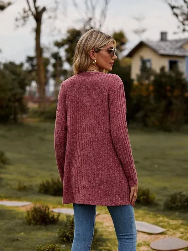 Women’s Textured Longline Cardigan Sweater – V-Neck Button Knit